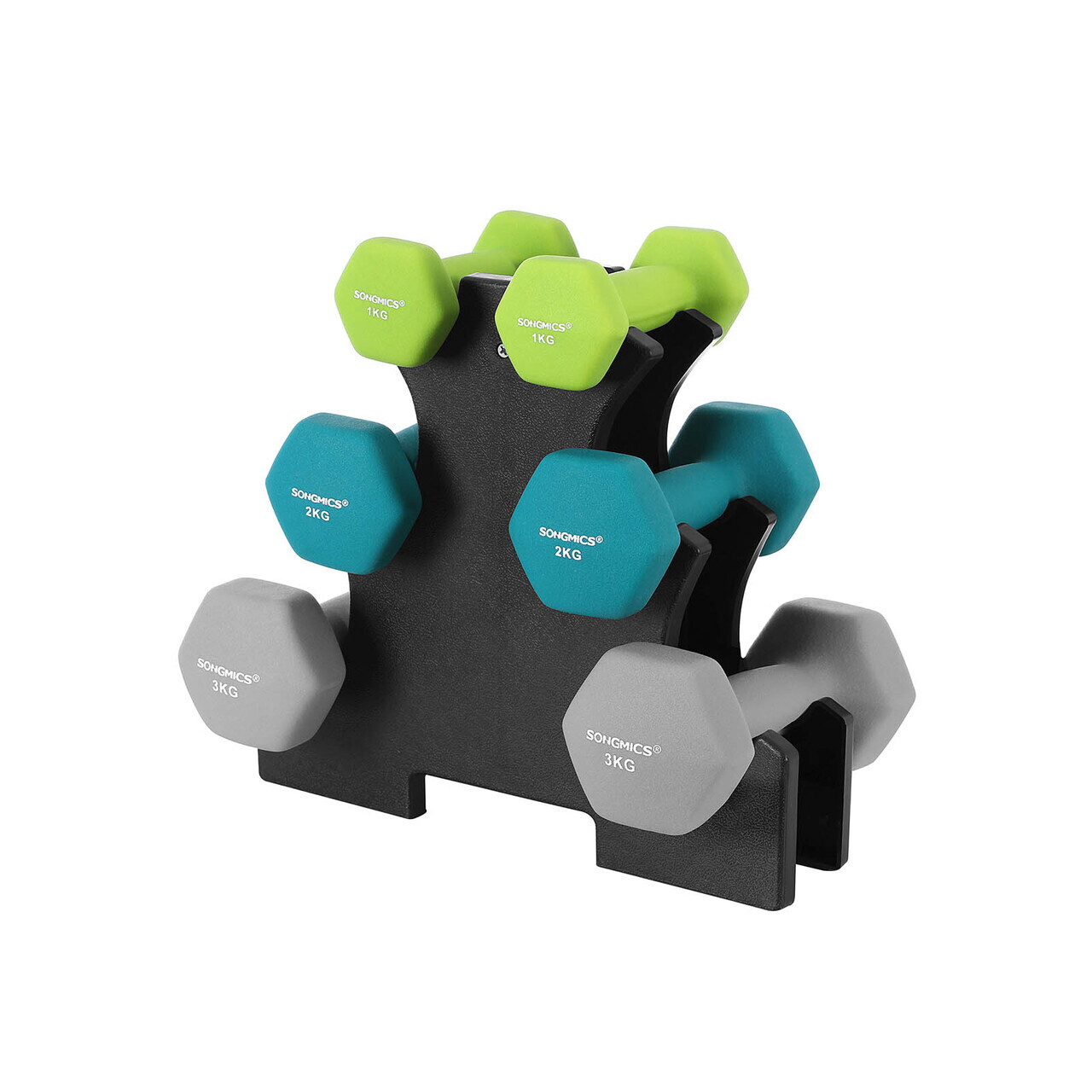 Set gantere fitness 6 piese cu suport, 2 x 1 kg + 2 x 2 kg + 2 x 3 kg, Songmics, neopren, verde/teal/gri deschis - imagine 7
